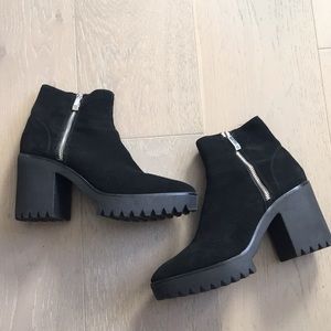 Zara Black Genuine Suede Ankle Boots with Chunky Lugged Heel